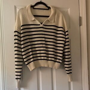 Rylee + Cru Cream and Black Striped V-Neck Sweater